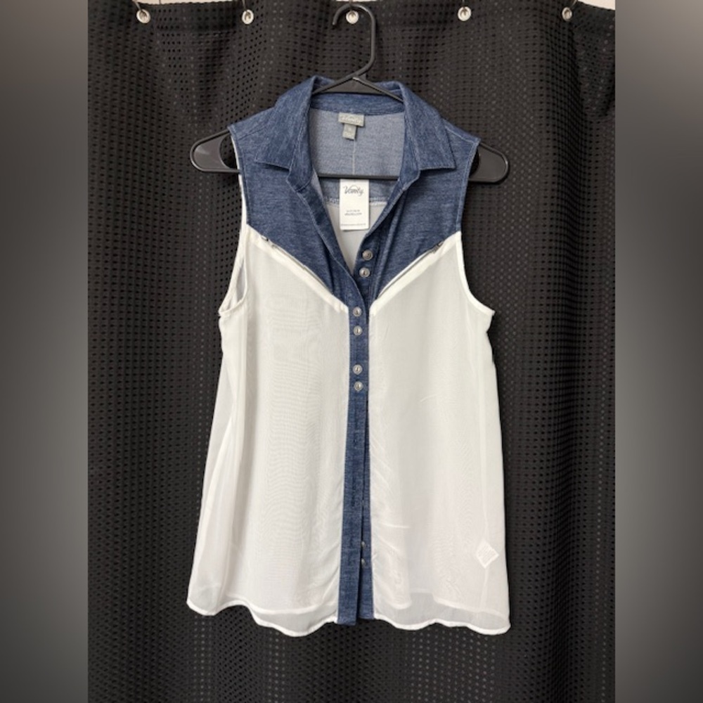 Navy and White Button-Down Blouse